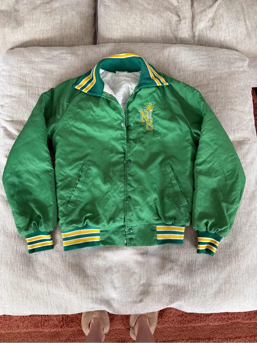 Vintage Green Varsity Satin Letterman Bomber Jacket with Yellow & White Stripes